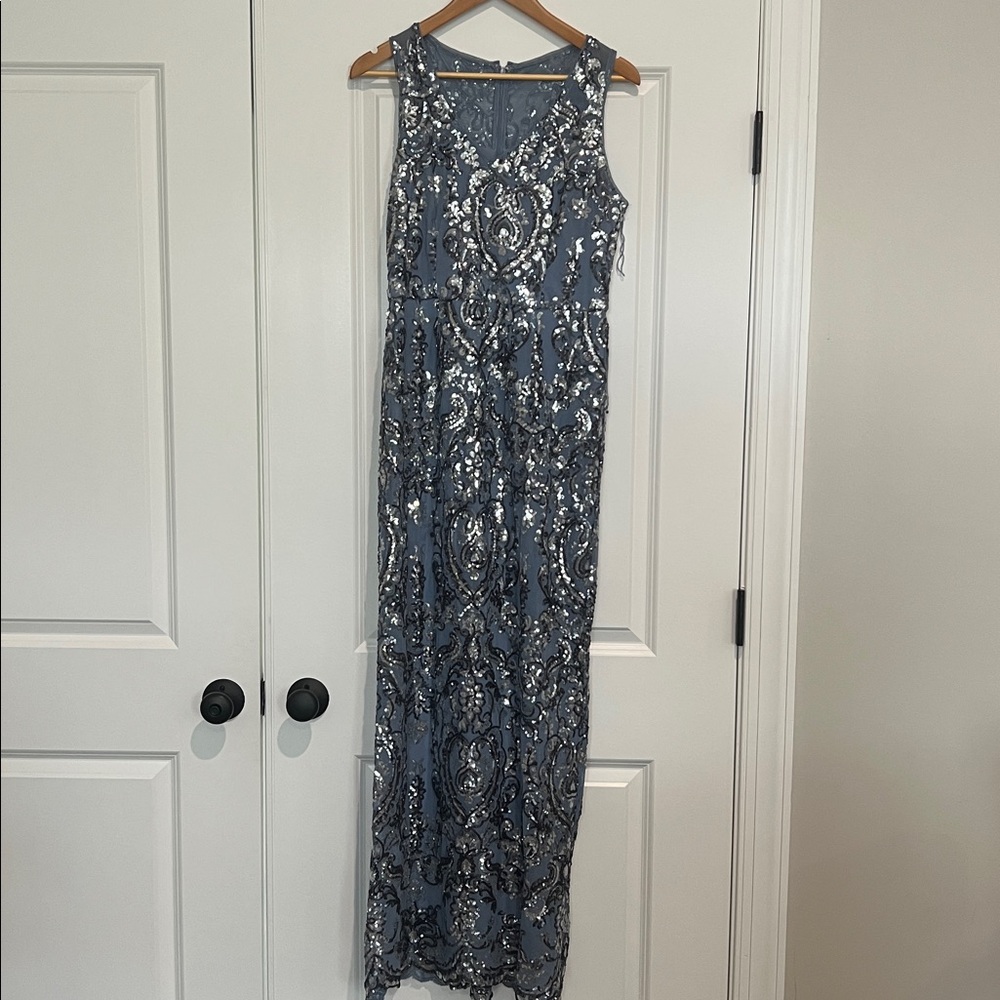 Adrianna Papell Blue & Silver Sequin Beaded Gown | Size 12